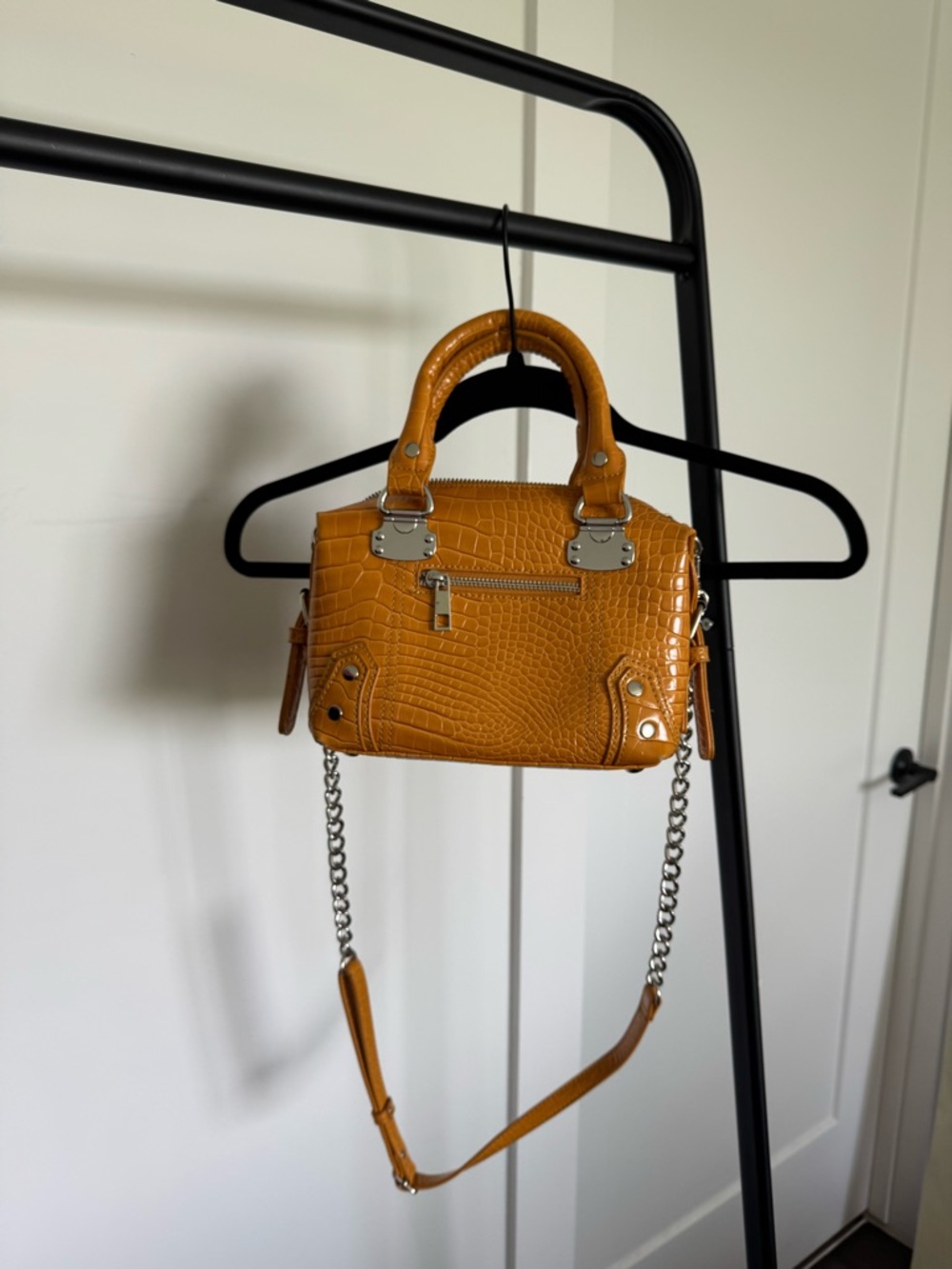 Urban Outfitters Mustard Croc-Embossed Crossbody Satchel with Chain Strap